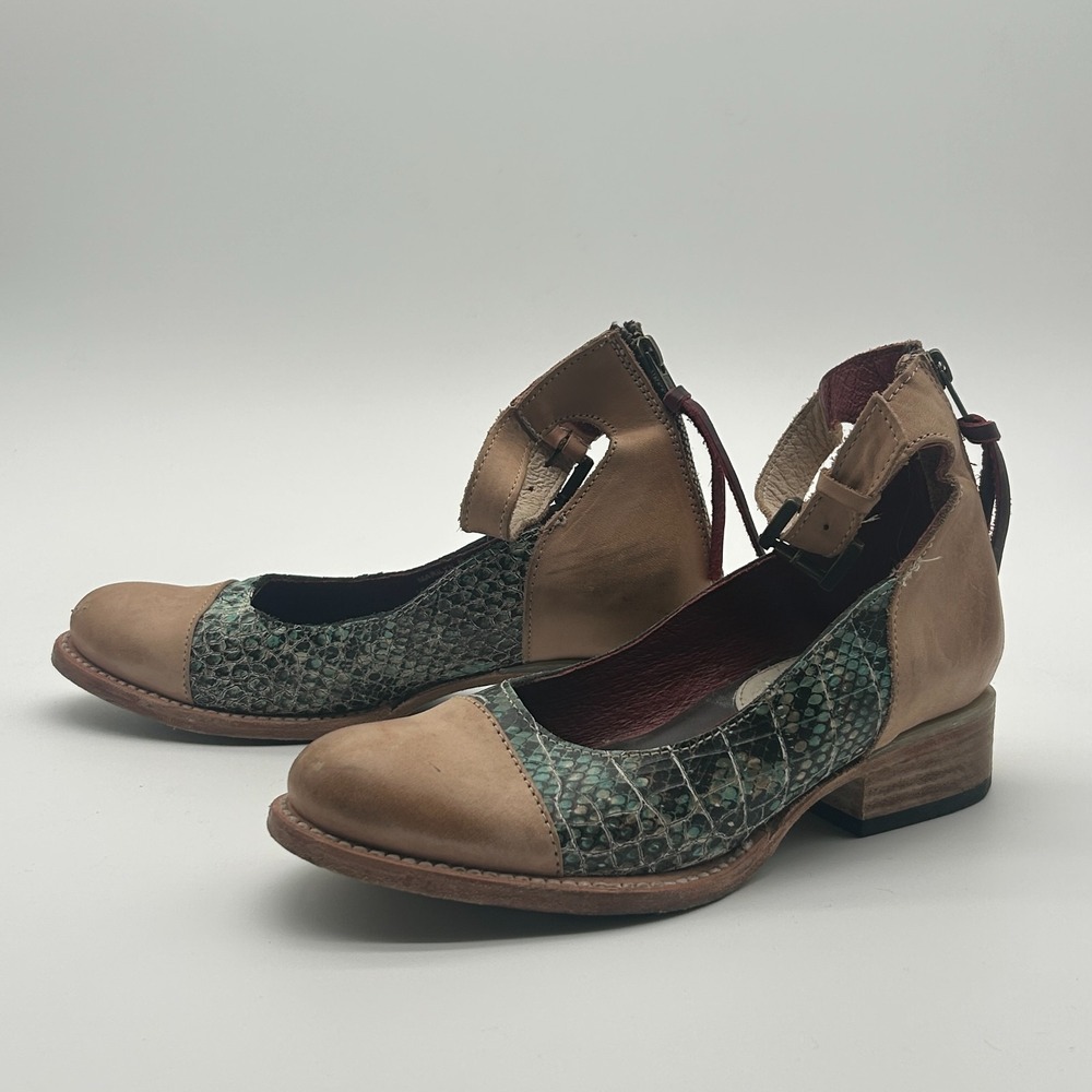 Freebird Steven Marilyn Tan Turquoise Snake Leather Ankle Strap Flats Womens 6 - Picture 2 of 9